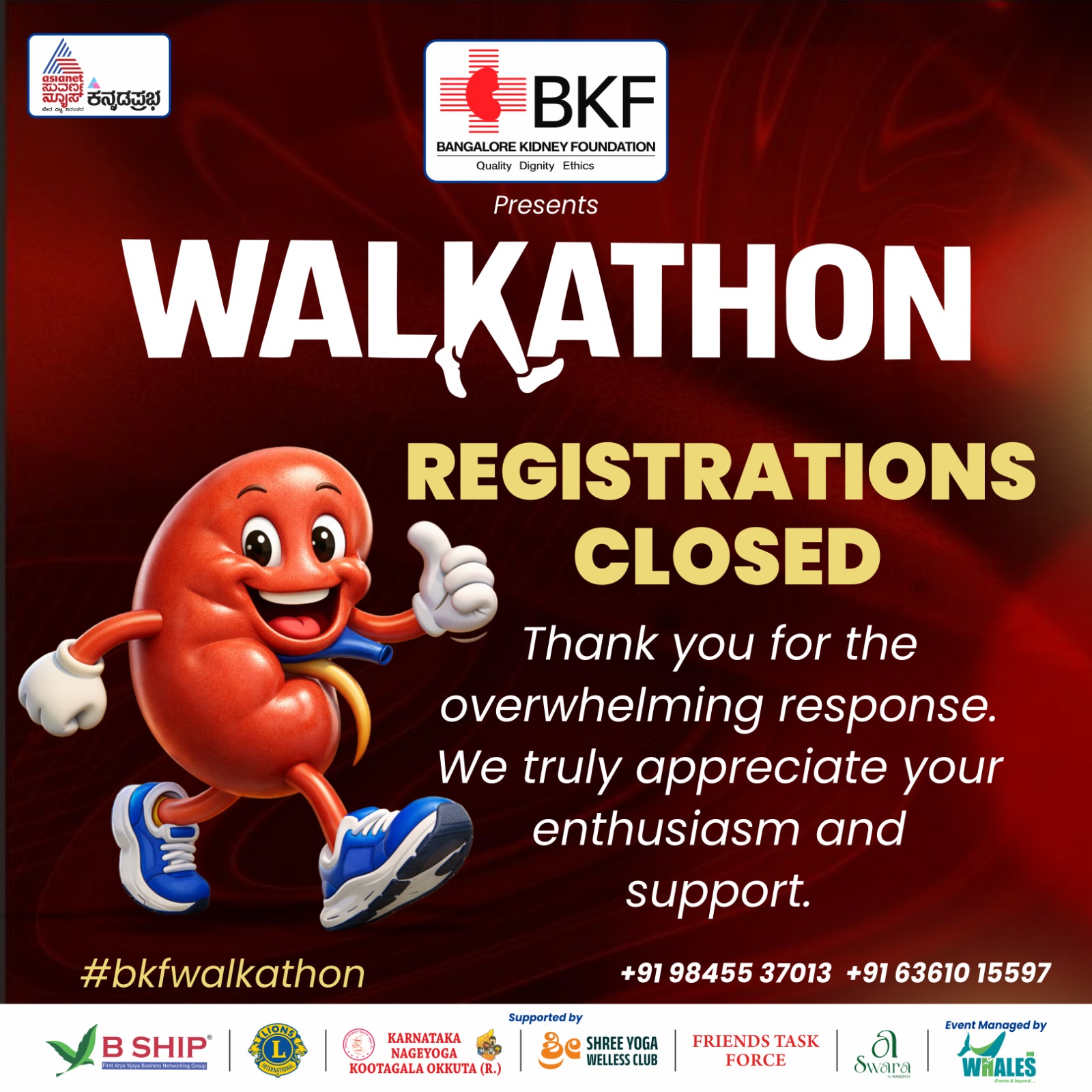 Walkathon — Registrations closed. Thank you for the overwhelming response. Bengaluru Kidney Foundation.